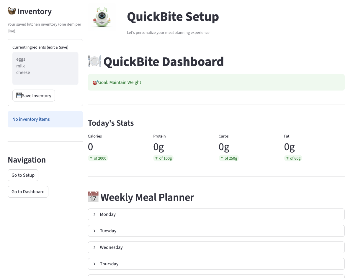 QuickBite Build 1 interface